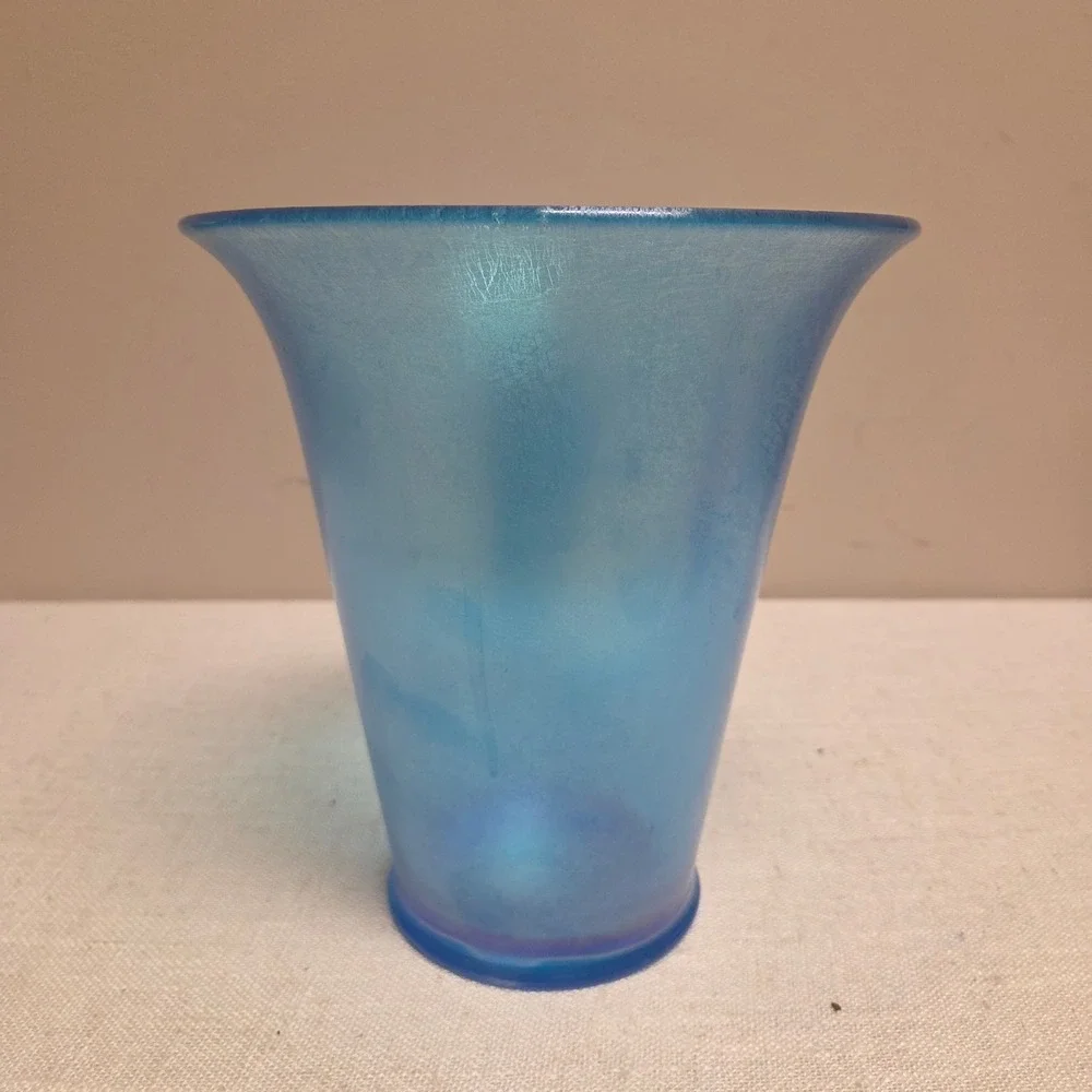 Vintage Blue Iridescent Satin Glass Vase Flared Rim